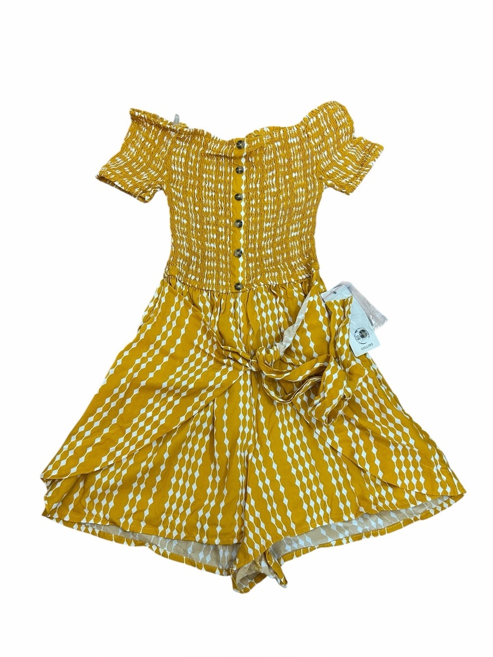 205 Collin’s Mustard White Off the Shoulder Smocked Romper Kids Sz Small NWT
